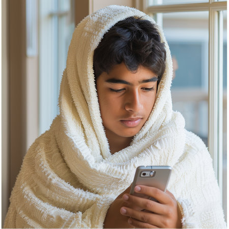 Teenage Boy Wrapped in Cozy Blanket, Lost in Thought While Using Smartphone by the Windowの素材