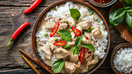 Chicken Curry with Jasmine Rice Overhead View of a Flavorful Thai Dish Garnished with Fresh Basilの素材