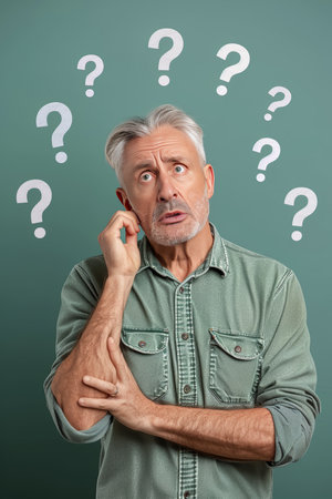 Confused Senior Man with Question Marks, Doubts and Confusion Concept on Green Backgroundの素材