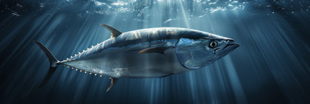 Majestic Bluefin Tuna, Thunnus Thynnus, Glides Through Sun-Dappled Waters of the Open Oceanの素材