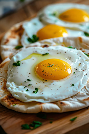 Delicious Fried Eggs with Toasted Naan Bread and Fresh Herbs An Easy Protein Rich Snack.の素材