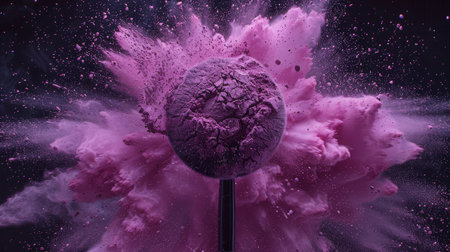 Explosion of Vibrant Purple Cosmetic Powder on a Makeup Brush, Beauty and Makeup Conceptの素材