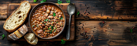Bowl Of Savory Lentil And Bean Soup On Rustic Wooden Background, Top View, Copy Space.の素材