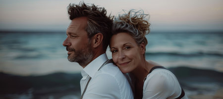 Affectionate Couple on a Beach At Sunset A Side View Portrait of Love and Connectionの素材