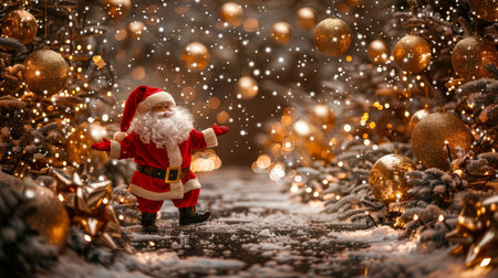Santa Claus Walks Through Snow Covered Path with Golden Christmas Balls, Lights, and Pine Treesの素材