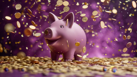 Pink Piggy Bank Drenched in a Shower of Gold Coins and Confetti Against a Festive Purple Backdrop.の素材