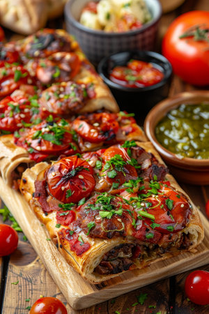 Delicious Homemade Pizza Braid with Sausage, Tomato, Cheese, Sauce, and Herbs on a Wooden Boardの素材