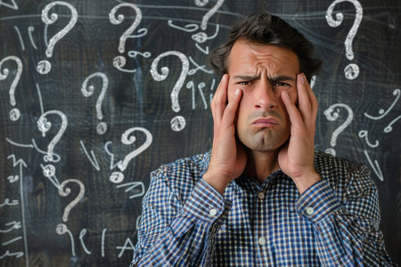 Overwhelmed Man Grimacing with Hands on Head, Surrounded by Question Marks on Blackboardの素材