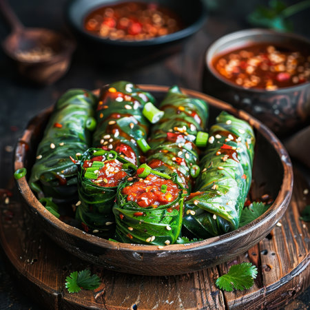 Spicy Kimchi Vegan Wraps with White Rice and Green Onion Garnished with Sesame Seeds,の素材