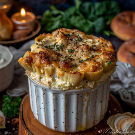 Warm and Creamy Artichoke Dip Baked to Perfection with a Golden Bread Crust and Fresh Herbsの素材