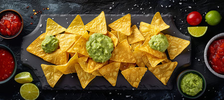 Mexican tortilla chips, nachos with salsa, guacamole and lime on black stone backgroundの素材