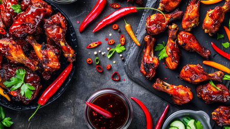Spicy chicken drumsticks glazed with barbecue sauce and fresh red chili peppers, top viewの素材