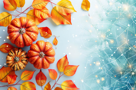 Autumn Inspiration Colorful Pumpkins and Bright-Hued, Fallen Leaves on Vibrant Backdropの素材