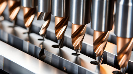 Close up of cnc milling cutter carving precise grooves in solid wood block with clean linesの素材