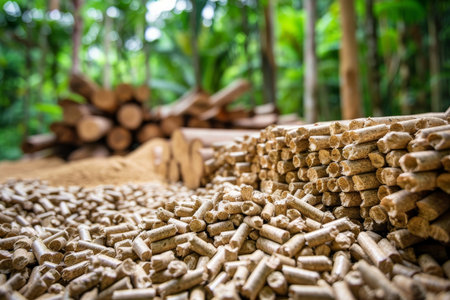 Natural progression  fallen logs and sawdust in forest transforming into a pile of wood pelletsの素材