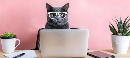 Gray Cat with Glasses Working Remotely on Laptop Computer as Boss Manager in Office or at Homeの素材