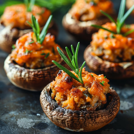 Appetizing Stuffed Mushrooms with Bread Crumbs, Cheese, and Rosemary, Baked to Golden Perfectionの素材