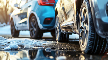Cars Driving on Wet Icy Road in Winter. Safe Driving on a Slippery Road Covered with Iceの素材