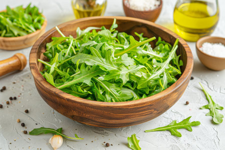 Freshly Washed Organic Arugula Leaves in a Wooden Bowl on a White Table, Ready for Salad Preparationの素材