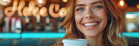 Portrait Of A Happy Young Blonde Woman Drinking Coffee In A Cafe With Bright Lights And Neon Signの素材