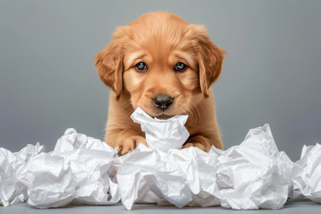 Golden Retriever Puppy on a Grey Background, Playfully Biting Crumpled Paper, Studio Shotの素材