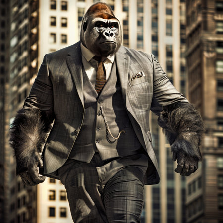 Gorilla Businessman in Suit Walks Confidently in City. Business, Success, Leadership Concept.の素材