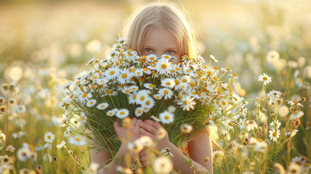 Young Girl Holding Bouquet of Chamomile Flowers In Summer Field, Enjoying Spring, Summer Conceptの素材