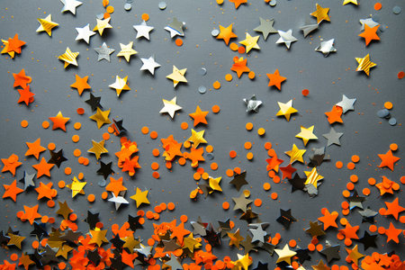 Party background composed of black, orange, and gold glitter stars on a seamless gray backdrop.の素材