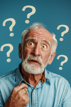 Confused Senior Man with Question Marks, Concept of Confusion, Elderly Care, Memory Lossの素材