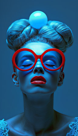Fashion Model with Red Sunglasses, Blue Ball, and Creative Hairstyle on Blue Backgroundの素材