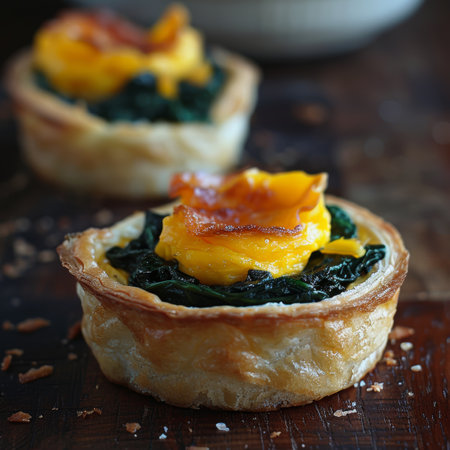 Two delicious gourmet spinach and cheese pastries topped with cooked egg yolk and crispy bacon.,の素材