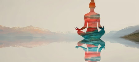 Double Exposure of Meditating Woman Silhouette with Painted Effect and Mountain Lake Reflectionの素材