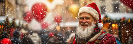 Smiling Santa Claus at Winter Christmas Market. Portrait of Santa Claus on Blurred Background.の素材