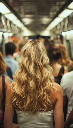 Woman with Long Blonde Hair Riding Public Transportation, Subway Commuter With Beautiful Hairstyleの素材