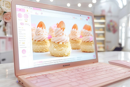 Open Pink Laptop Displaying Food Blog with Strawberry Cupcakes, Set in a Charming Bakery Kitchenの素材