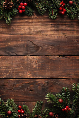 Christmas Fir Tree Branches With Red Berries And Pine Cones On Rustic Wooden Backgroundの素材
