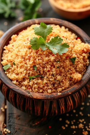 Close-up of Healthy Cooked Quinoa Grain in Rustic Bowl Topped with Fresh Green Cilantro Leaves.の素材