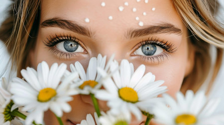 Portrait of Young Woman with Blue Eyes and Delicate Makeup Peeking Through White Daisy Bouquet.の素材