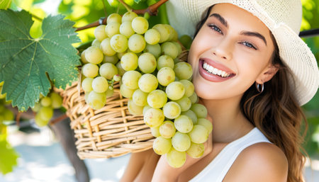 Close Up Of Smiling Woman With Healthy White Smile. Girl Holding A Basket Of White Grapeの素材