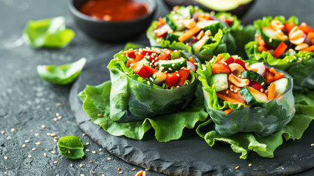 Fresh Vegan Spring Rolls with Red Bell Pepper, Avocado, and Peanut Butter Sauce. Vegetarian Foodの素材