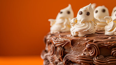 Spooky Halloween chocolate chocolate fudge cake with meringue ghosts and swirls on an orange .の素材
