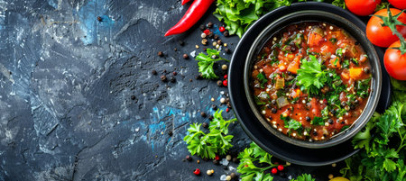 Spicy Tomato Soup with Herbs, Spices, and Fresh Vegetables on Dark Background, Top Viewの素材