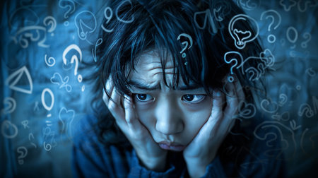 Stressed Young Girl Holding Her Head With Question Marks, Education and Childhood concept.の素材
