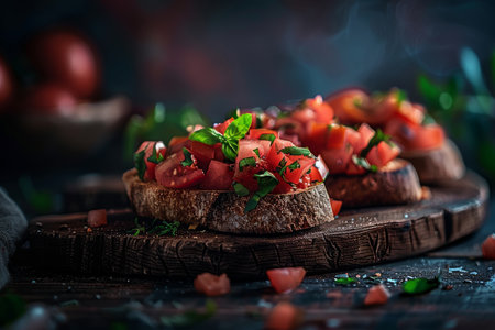 Delicious Italian Bruschetta Toast With Tomato And Basil Close Up On Wooden Cutting Boardの素材