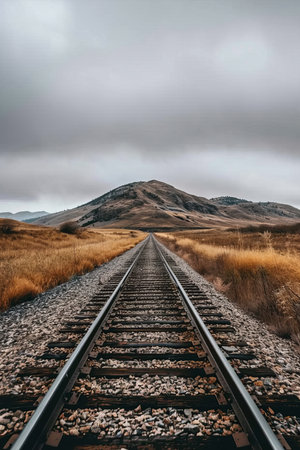 Spectacular railroad track silhouette under the breathtaking colorful sunset skyの素材