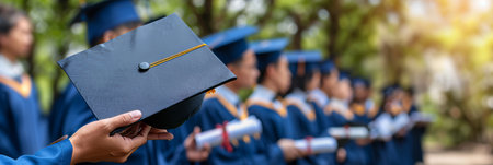 Celebratory moment  hands releasing graduation cap over blurry figures in gowns belowの素材