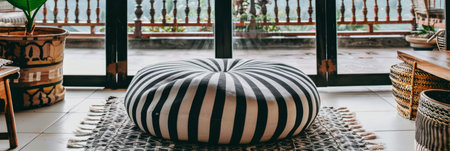 Serene wooden meditation cushion in harmonious greenery, perfect for peaceful reflectionの素材