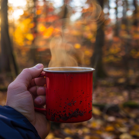 Steaming Red Camping Mug Held in Hand in Autumn Forest with Colorful Yellow and Orange Foliageの素材