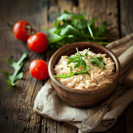 Homemade Tuna Salad. Delicious and Flavorful Recipe With Rocket Salad in Rustic Wooden Bowlの素材