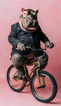 Stylish Hippopotamus in a Suit Riding a Vintage Bicycle, Quirky Studio Portrait on Pinkの素材